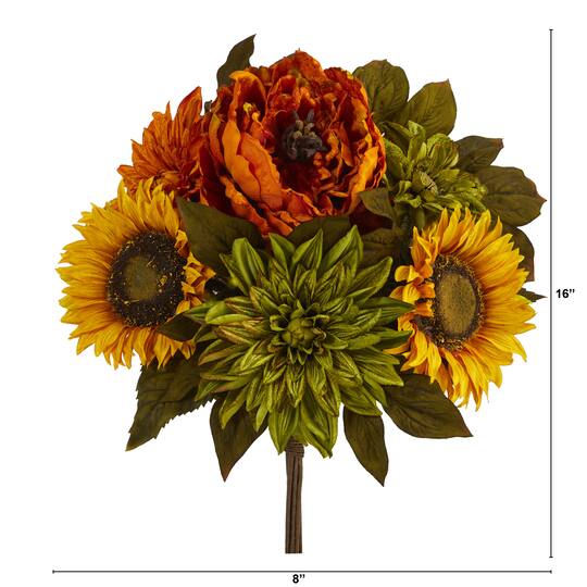 16" Orange Peony, Green Dahlia & Yellow Sunflower Bush, 2ct.